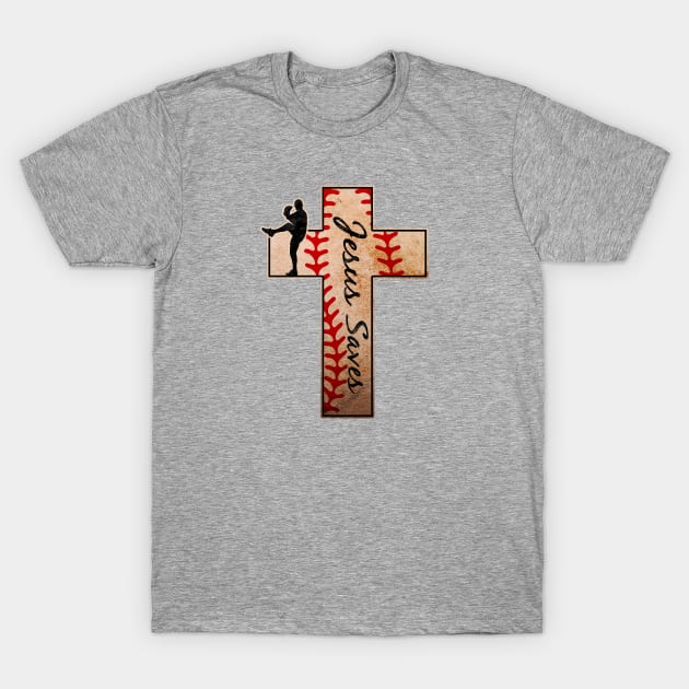 Jesus Saves Baseball Pitcher Christian Cross T-Shirt by TeeCreations